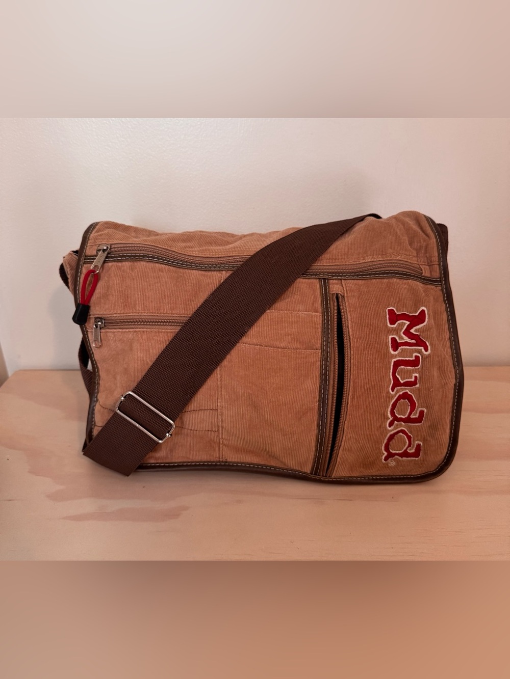 Vintage 90s Y2K MUDD Tan Corduroy Messenger Bag Crossbody Adjustable Embroidered